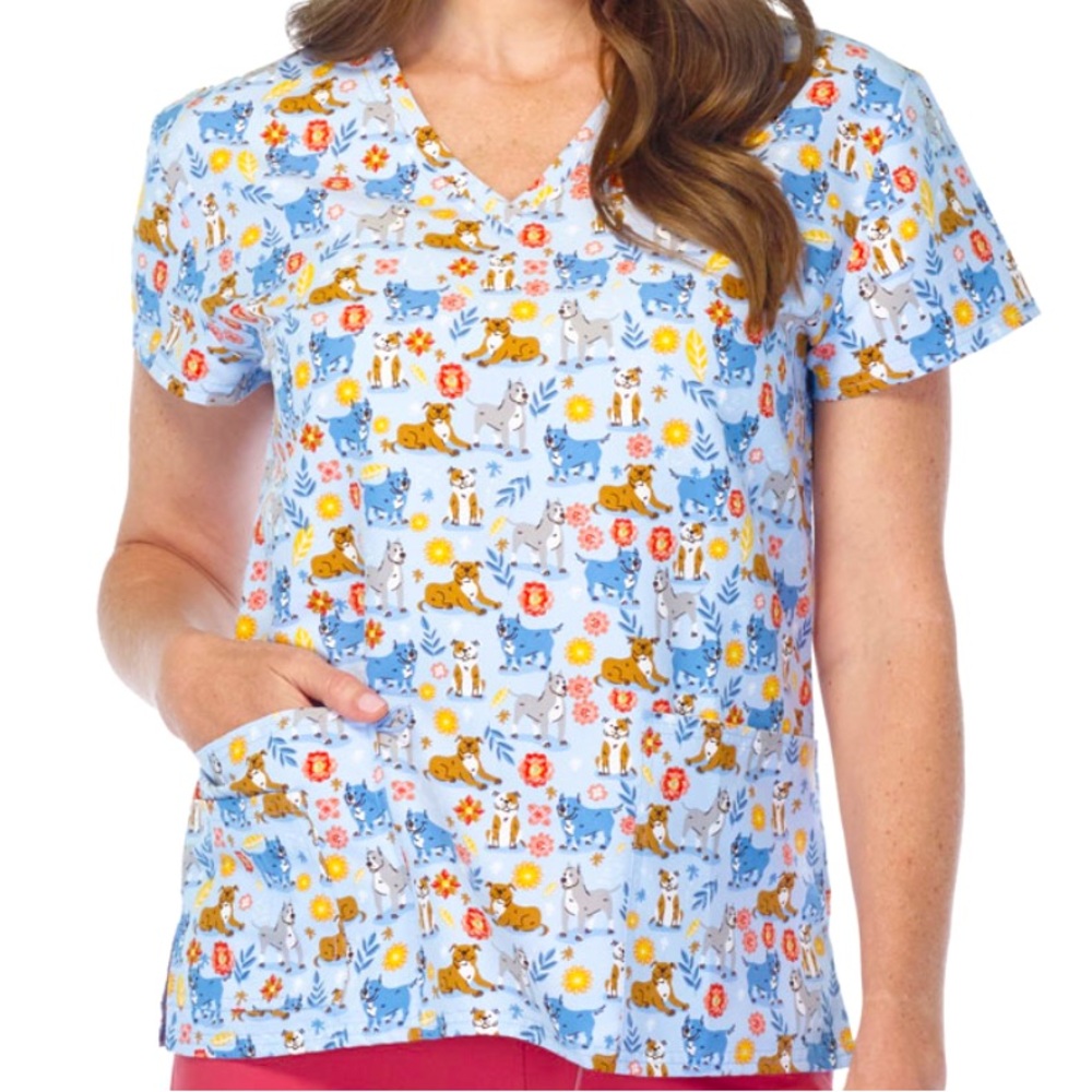 NWT Women’s XL Dog & Floral Print Scrubfinity Basix Scrub Top